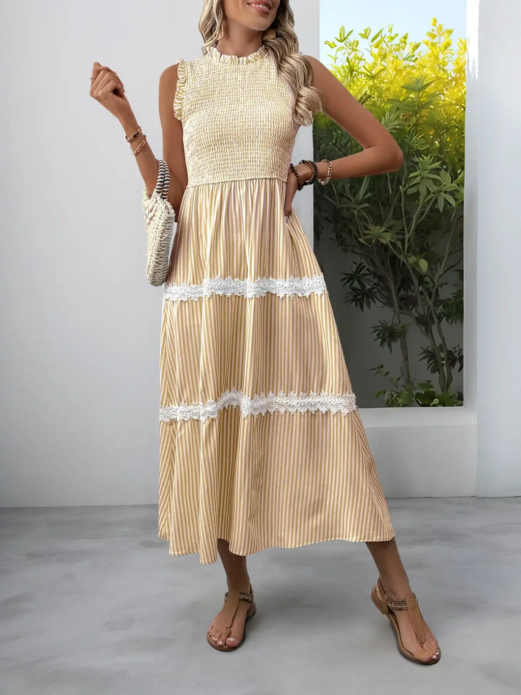 Beige striped tiered midi dress with lace trim, smocked bodice, and ruffled sleeves for women's summer fashion