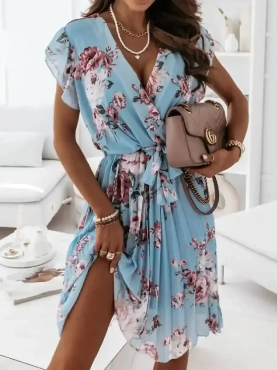 Floral Surplice Ruffled Cap Sleeve Dress - Whatever You Like Shop