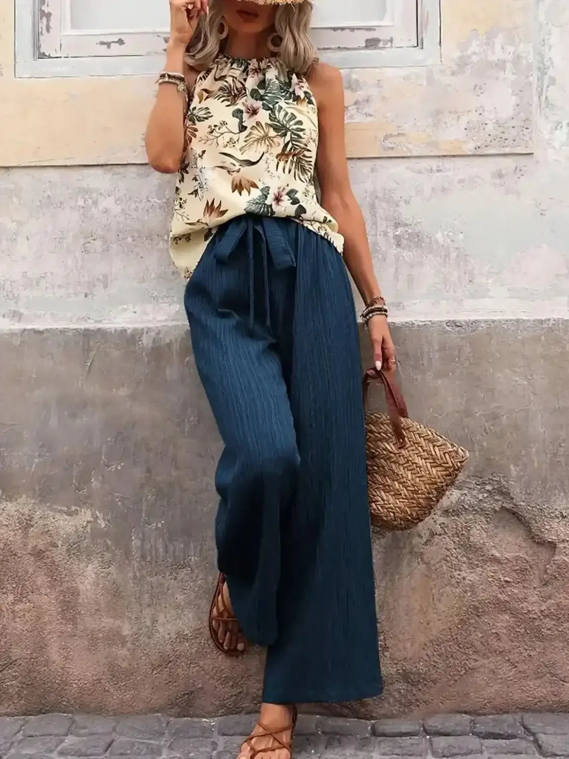 Printed Tank Top and Wide Leg Pants Set - Whatever You Like Shop