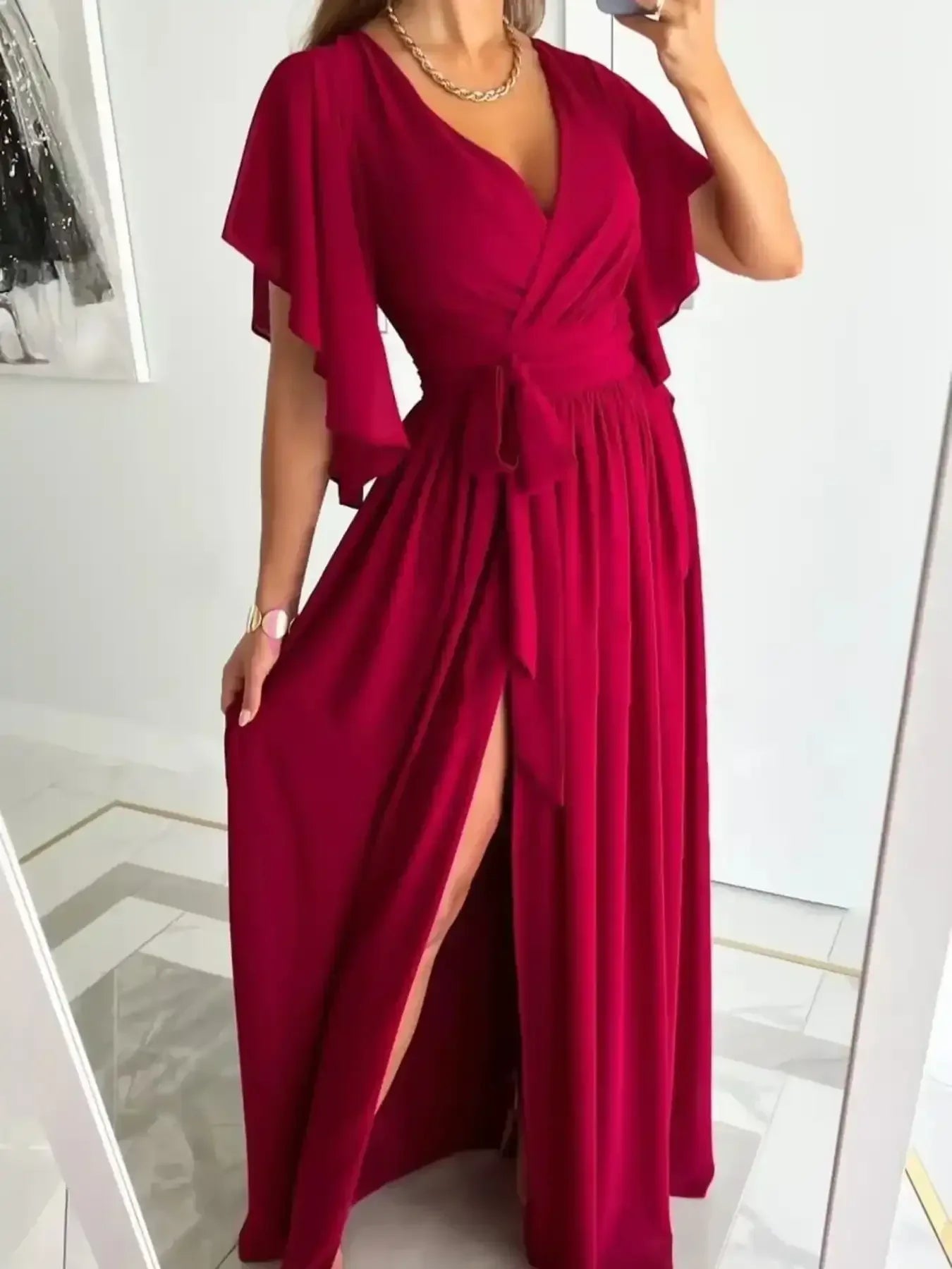 Flutter Sleeve Surplice Tie Waist Dress - Whatever You Like Shop