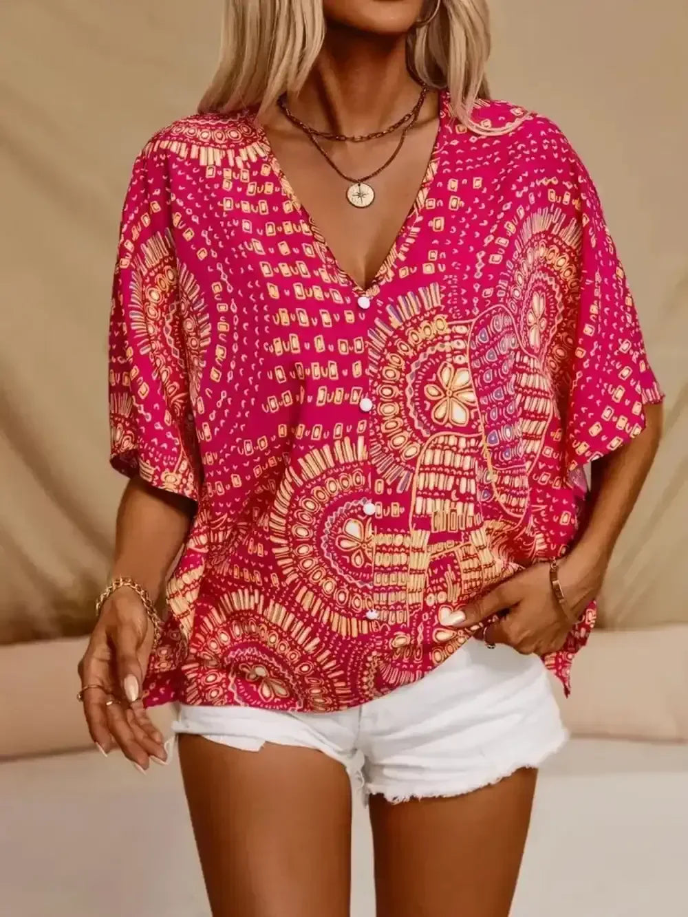 Printed V-Neck Half Sleeve Top - Whatever You Like Shop