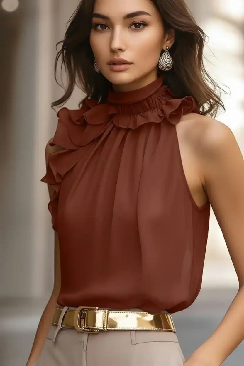 Ruffle High Neck Sleeveless Top