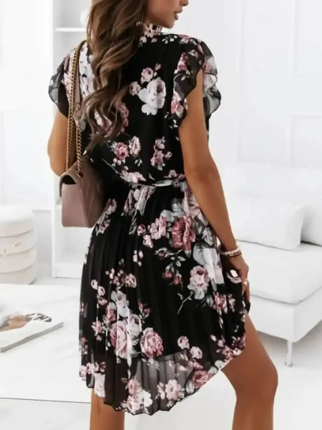 Floral Surplice Ruffled Cap Sleeve Dress - Whatever You Like Shop