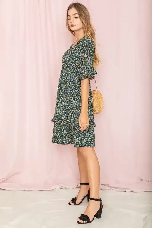 Floral V-Neck Ruffle Dress - Whatever You Like Shop