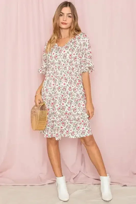 Floral V-Neck Ruffle Dress - Whatever You Like Shop
