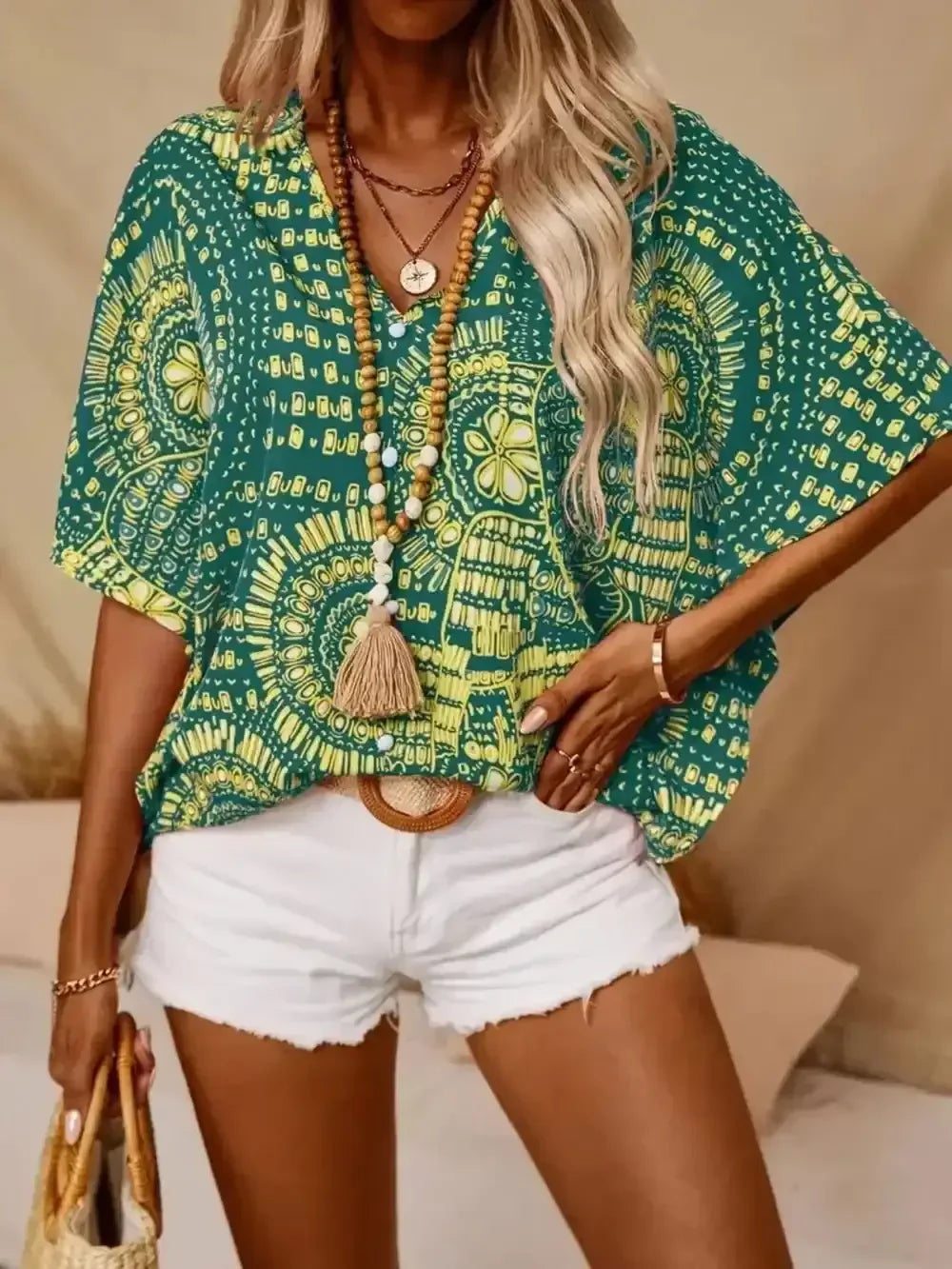 Printed V-Neck Half Sleeve Top - Whatever You Like Shop