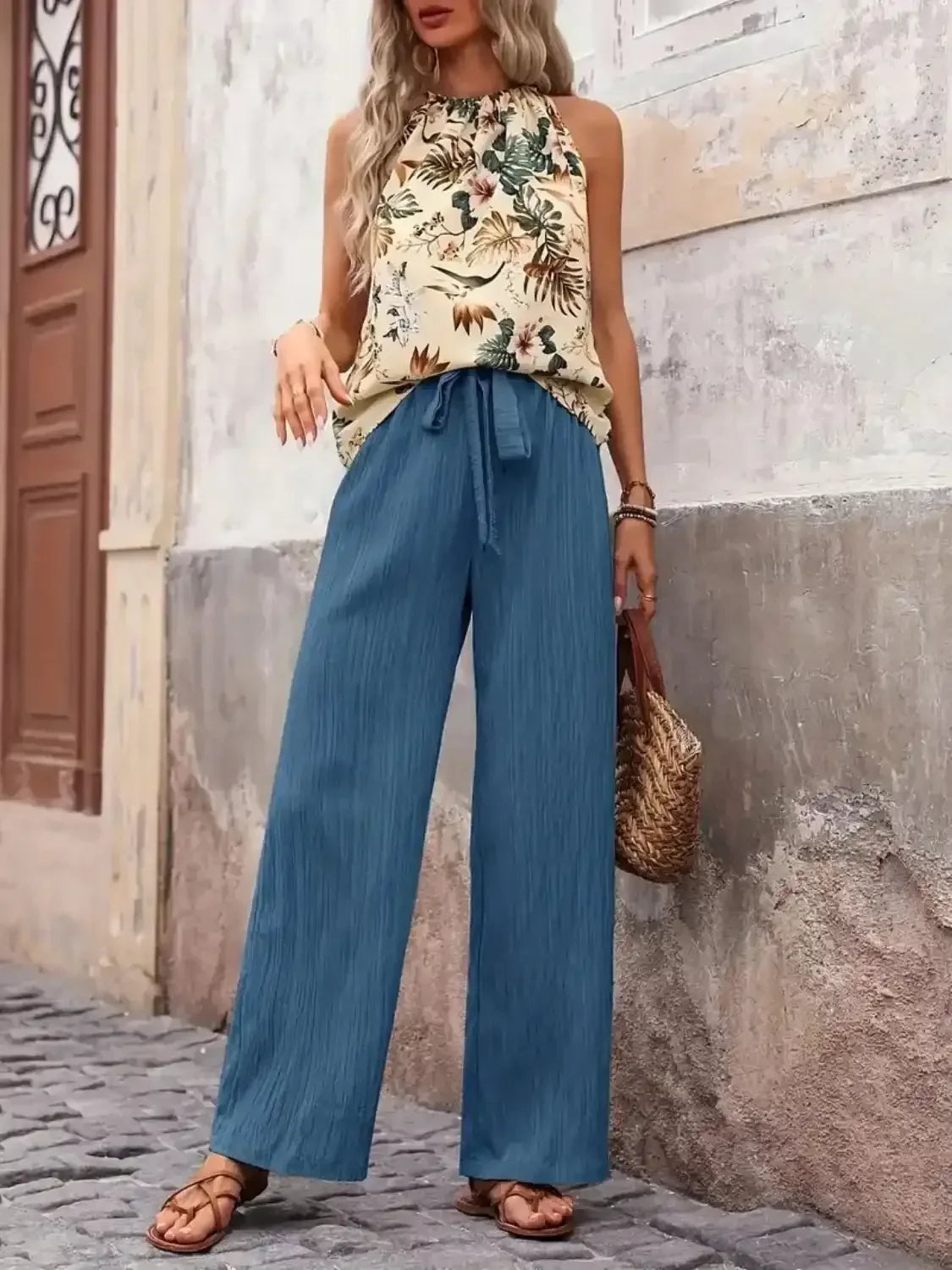 Printed Tank Top and Wide Leg Pants Set - Whatever You Like Shop