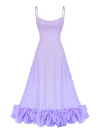Lavender ruffle hem midi dress with thin straps, trendy women's boutique fashion