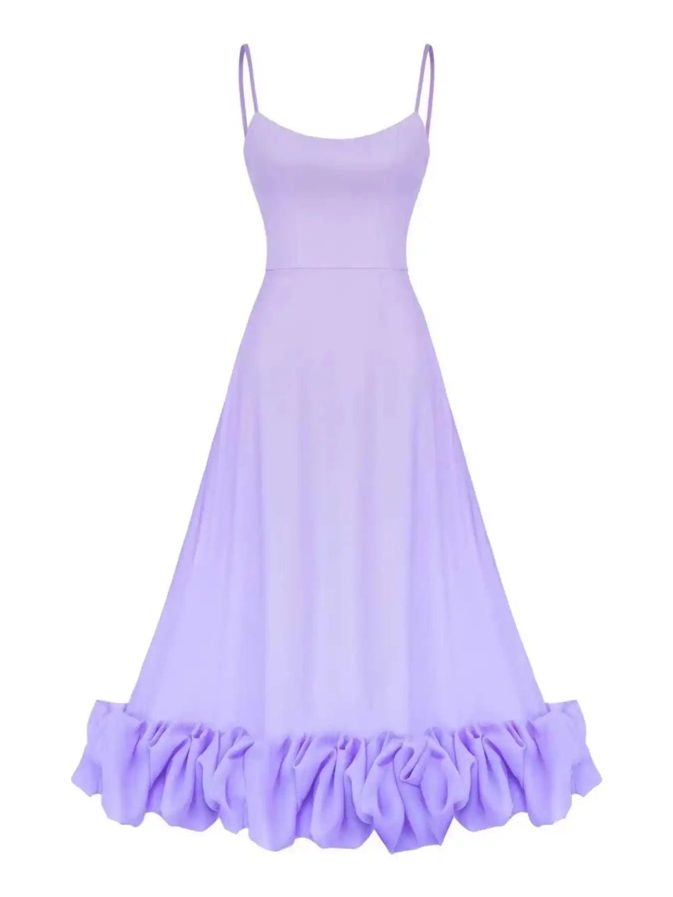 Lavender ruffle hem midi dress with thin straps, trendy women's boutique fashion