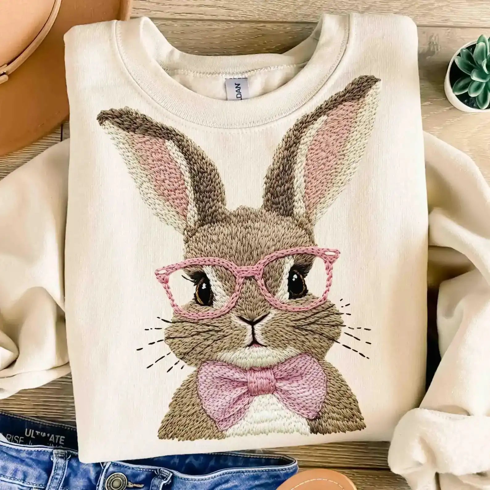 Cream sweatshirt with embroidered bunny wearing pink glasses and bow tie, cute women's fashion
