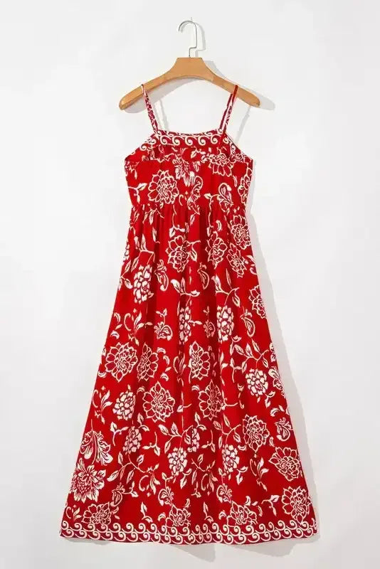 Red Floral Spaghetti Strap Empire Waist Maxi Dress - Whatever You Like Shop