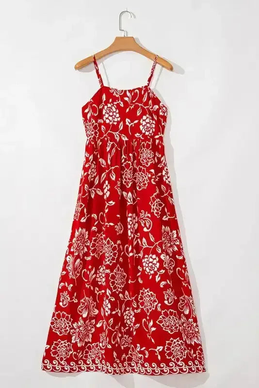 Red Floral Spaghetti Strap Empire Waist Maxi Dress - Whatever You Like Shop