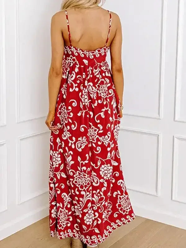 Red Floral Spaghetti Strap Empire Waist Maxi Dress - Whatever You Like Shop