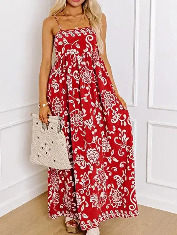 Red Floral Spaghetti Strap Empire Waist Maxi Dress - Whatever You Like Shop