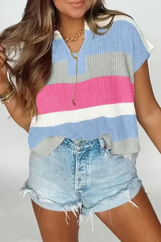 Multicolour Colorblock Notch V Neck Knit T Shirt - Whatever You Like Shop