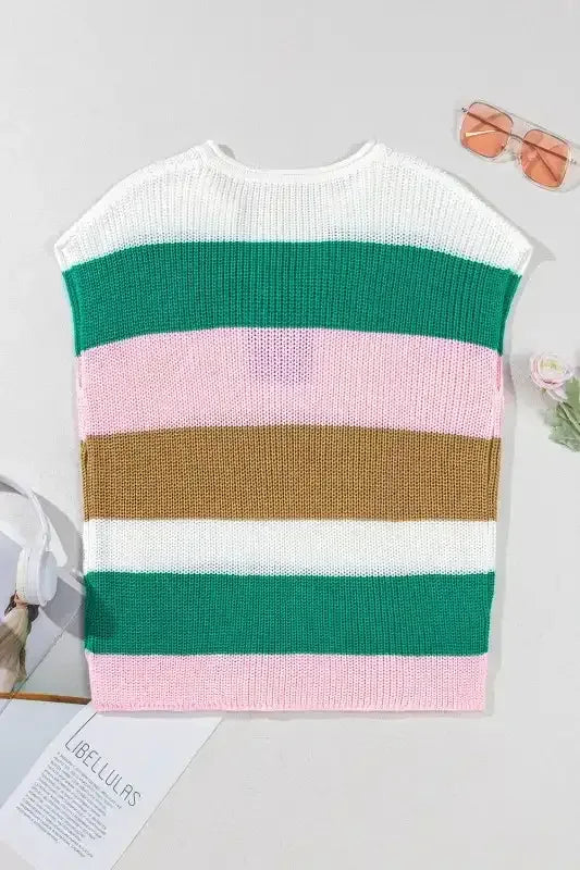 Multicolour Colorblock Notch V Neck Knit T Shirt - Whatever You Like Shop