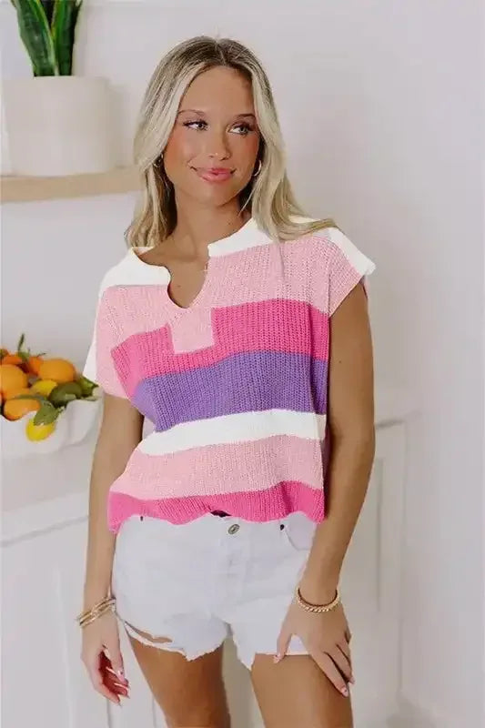 Multicolour Colorblock Notch V Neck Knit T Shirt - Whatever You Like Shop