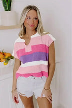 Multicolour Colorblock Notch V Neck Knit T Shirt - Whatever You Like Shop