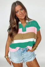 Multicolour Colorblock Notch V Neck Knit T Shirt - Whatever You Like Shop