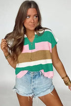 Multicolour Colorblock Notch V Neck Knit T Shirt - Whatever You Like Shop
