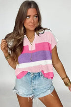 Multicolour Colorblock Notch V Neck Knit T Shirt - Whatever You Like Shop