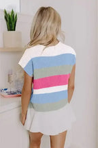 Multicolour Colorblock Notch V Neck Knit T Shirt - Whatever You Like Shop