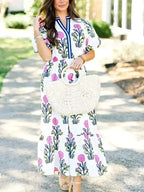 Floral Ruffle Hem Pop of Color Neckline Dress - Whatever You Like Shop