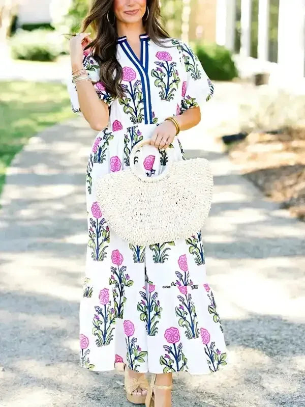 Floral Ruffle Hem Pop of Color Neckline Dress - Whatever You Like Shop