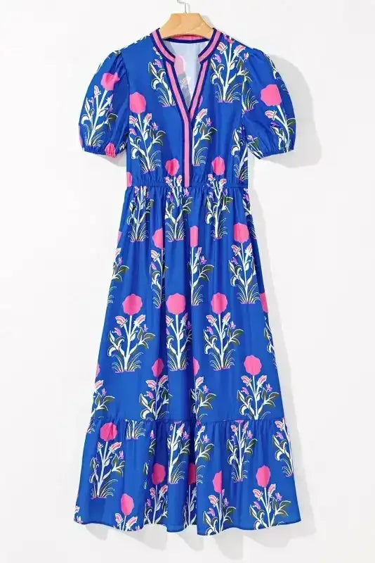 Floral Ruffle Hem Pop of Color Neckline Dress - Whatever You Like Shop