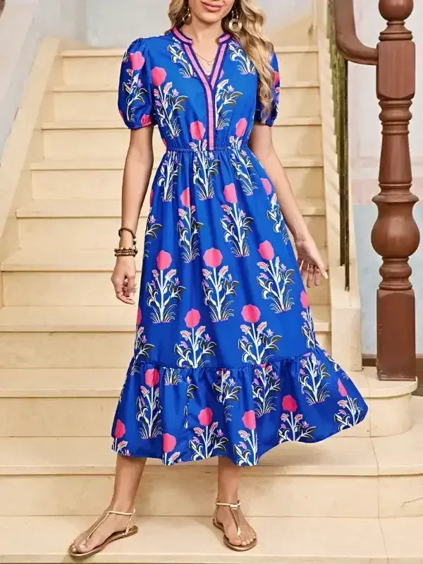 Floral Ruffle Hem Pop of Color Neckline Dress - Whatever You Like Shop