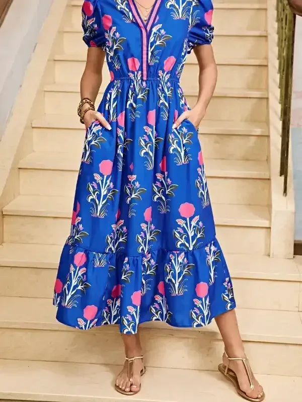 Floral Ruffle Hem Pop of Color Neckline Dress - Whatever You Like Shop