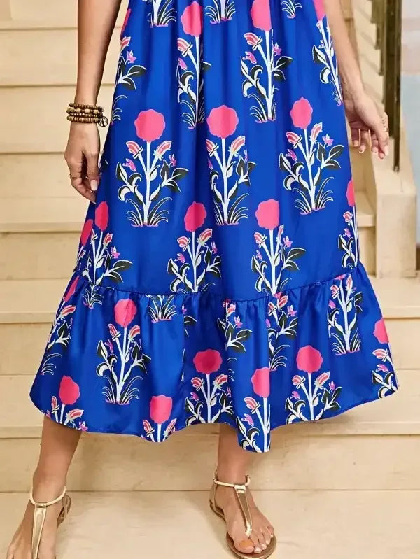 Floral Ruffle Hem Pop of Color Neckline Dress - Whatever You Like Shop