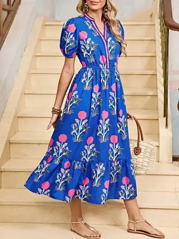 Floral Ruffle Hem Pop of Color Neckline Dress - Whatever You Like Shop