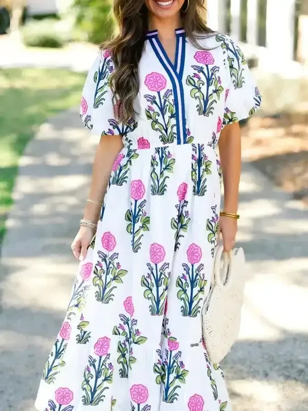 Floral Ruffle Hem Pop of Color Neckline Dress - Whatever You Like Shop