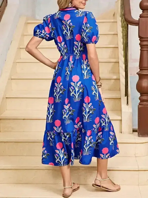 Floral Ruffle Hem Pop of Color Neckline Dress - Whatever You Like Shop