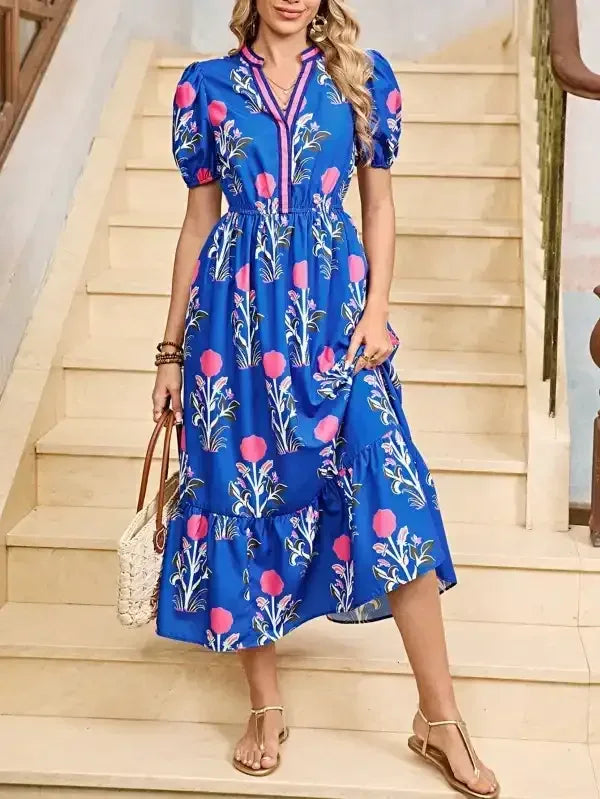 Floral Ruffle Hem Pop of Color Neckline Dress - Whatever You Like Shop