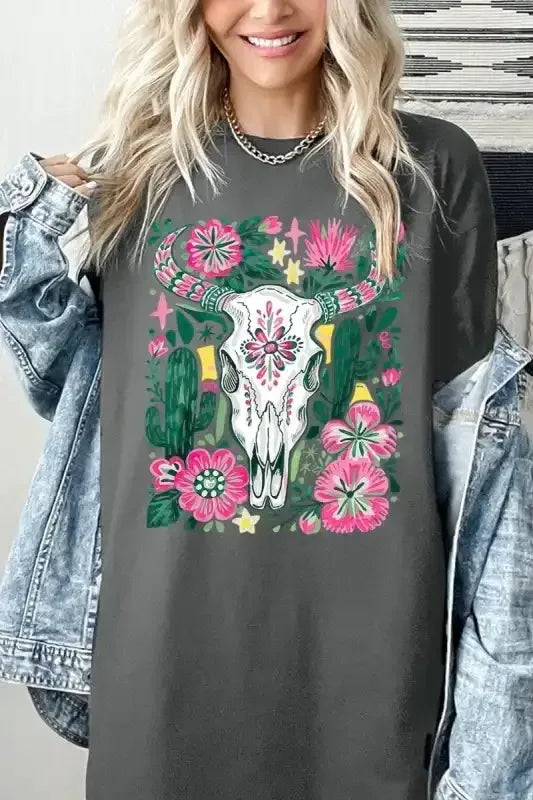 Western Floral Cow Skull Graphic Heavy Cotton Tee - Whatever You Like Shop