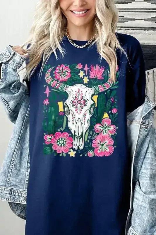 Western Floral Cow Skull Graphic Heavy Cotton Tee - Whatever You Like Shop