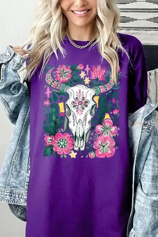 Western Floral Cow Skull Graphic Heavy Cotton Tee - Whatever You Like Shop