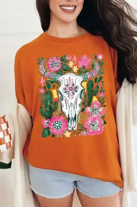 Western Floral Cow Skull Graphic Heavy Cotton Tee - Whatever You Like Shop