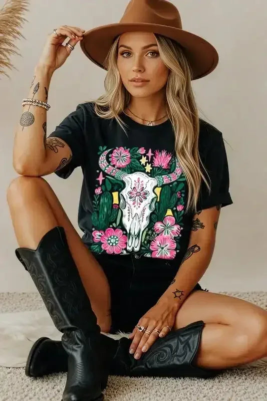 Western Floral Cow Skull Graphic Heavy Cotton Tee - Whatever You Like Shop