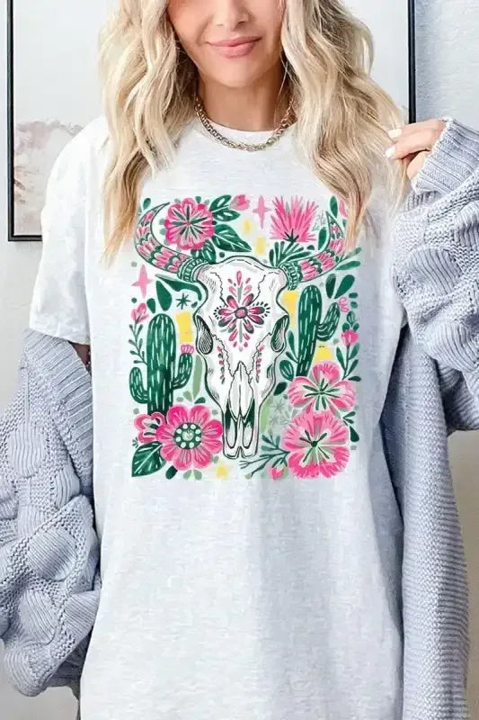 Western Floral Cow Skull Graphic Heavy Cotton Tee - Whatever You Like Shop