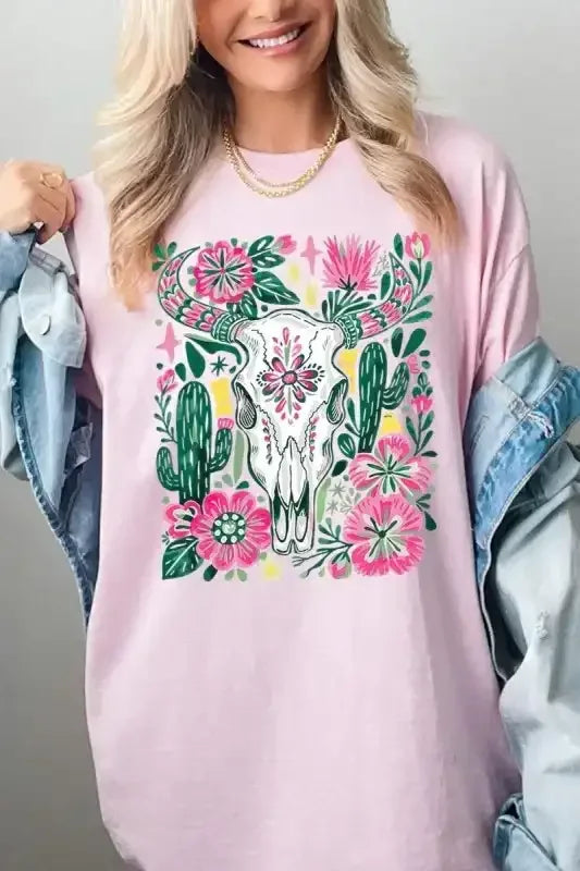 Western Floral Cow Skull Graphic Heavy Cotton Tee - Whatever You Like Shop