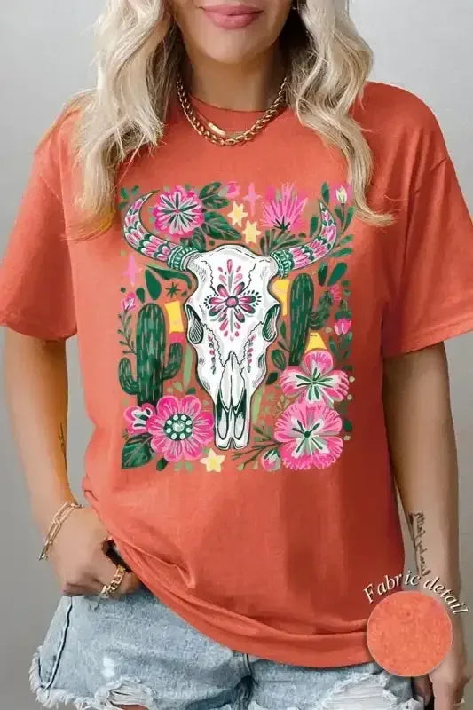Western Floral Cow Skull Graphic Heavy Cotton Tee - Whatever You Like Shop