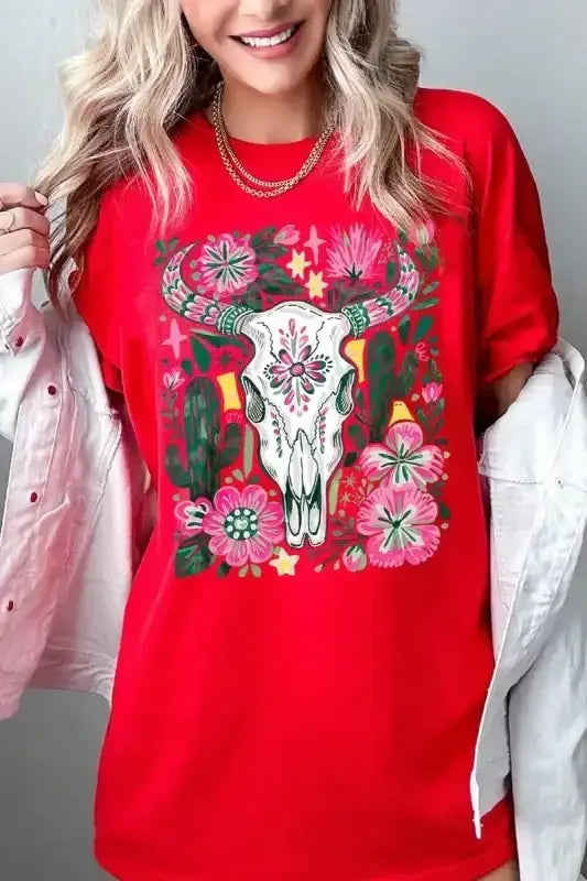 Western Floral Cow Skull Graphic Heavy Cotton Tee - Whatever You Like Shop