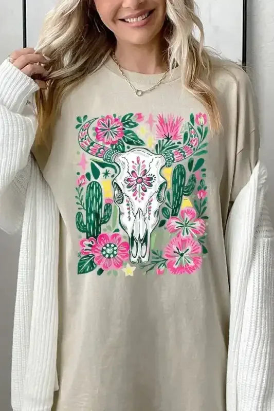 Western Floral Cow Skull Graphic Heavy Cotton Tee - Whatever You Like Shop