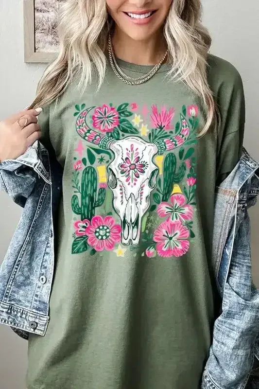Western Floral Cow Skull Graphic Heavy Cotton Tee - Whatever You Like Shop