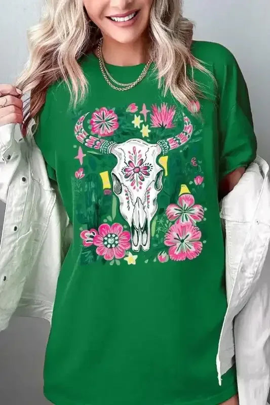 Western Floral Cow Skull Graphic Heavy Cotton Tee - Whatever You Like Shop