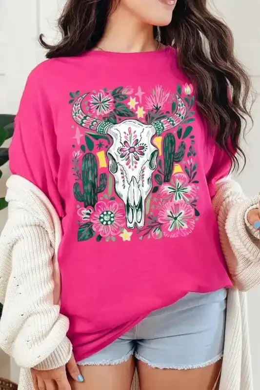 Western Floral Cow Skull Graphic Heavy Cotton Tee - Whatever You Like Shop