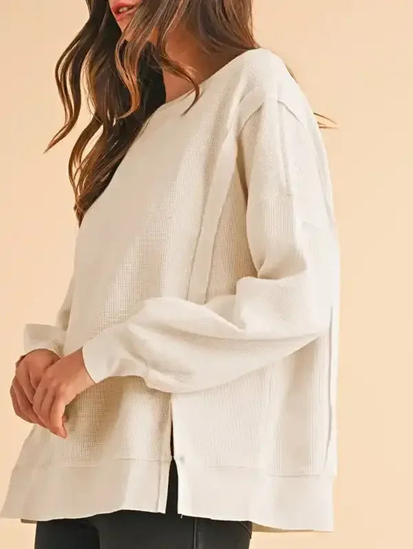 Cotton Waffle Bishop Split Oversized Pullover - Whatever You Like Shop